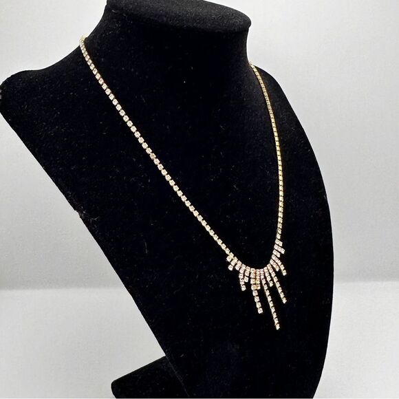 Vintage Monet Art Deco Rhinestone Waterfall Necklace Gold Tone Flapper 16 In - Picture 4 of 6